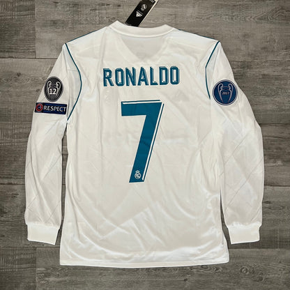 Authentic Real Madrid 2017-18 Final Home Ronaldo #7 UCL Player Version Long Sleeve Jersey
